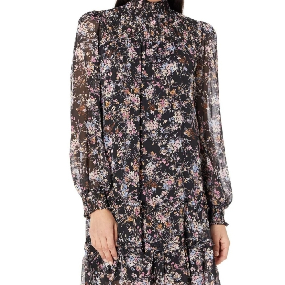 CECE NWT SMOKED NECK FLORAL LONG SLEEVES KNEE HIGH DRESS SIZE MEDIUM - Picture 2 of 6